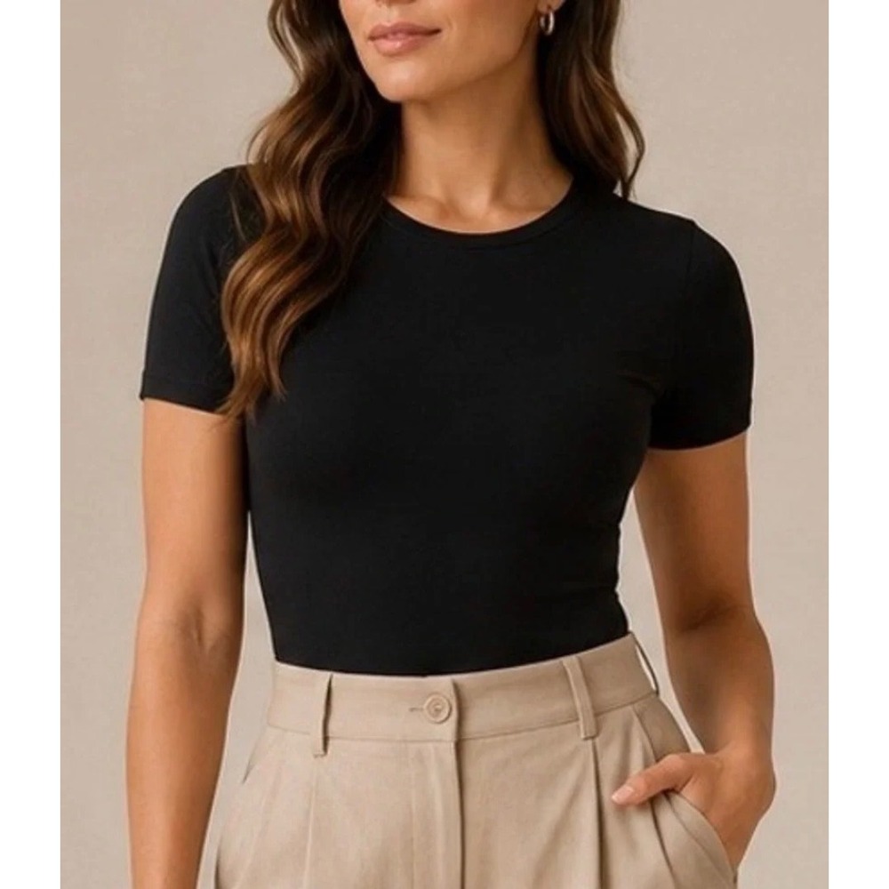 Quince Black Organic Cotton Stretch Crew Neck Short Sleeve Bodysuit Medium NEW
